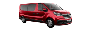 Червен микробус Renault Trafic с елегантен и модерен дизайн.